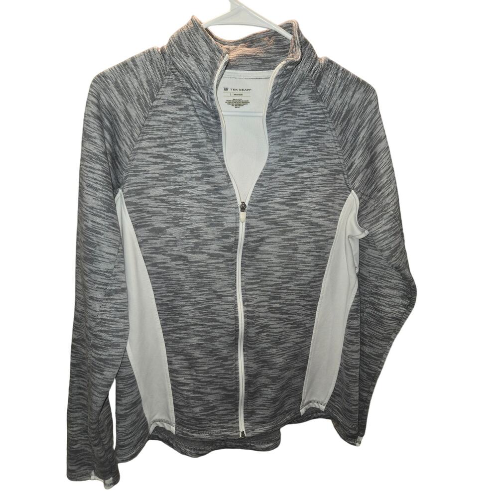Tek Gear Women's Gray White Space Dye Full Zip Athletic Jacket Sz L Thumb Holes